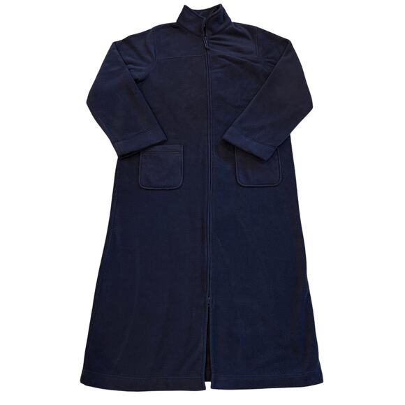 LL Bean Bath Robe Womens Medium Blue Fleece Housecoat 2 Way Full Zip Pockets - Picture 1 of 12
